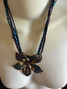 Chico's Teal Purple Gold Floral Statement Necklace